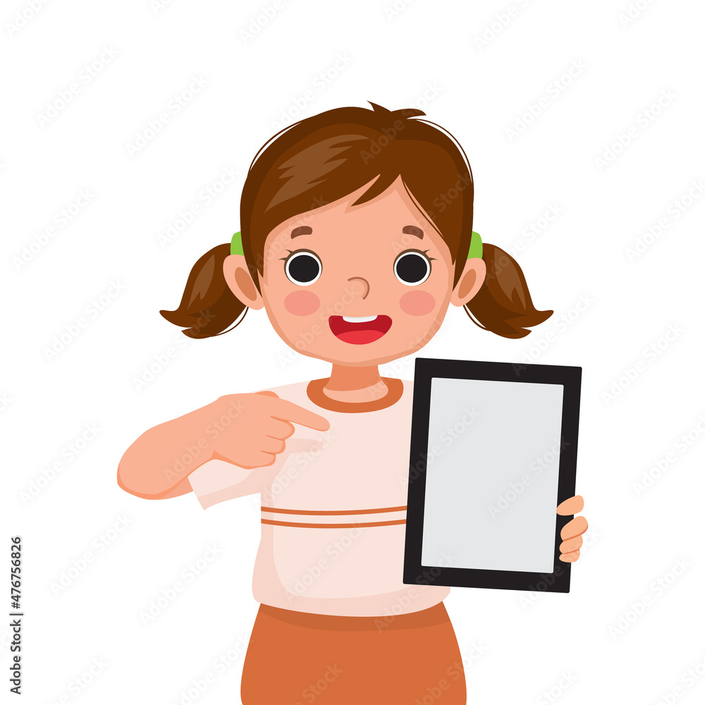 cute little girl holding digital tablet with finger pointing to empty screen or copy space for texts, messages and advertising content. Kids and electronic gadget devices concept for children cute little girl holding digital tablet with finger pointing to empty screen or copy space for texts, messages and advertising content. Kids and electronic gadget devices concept for children