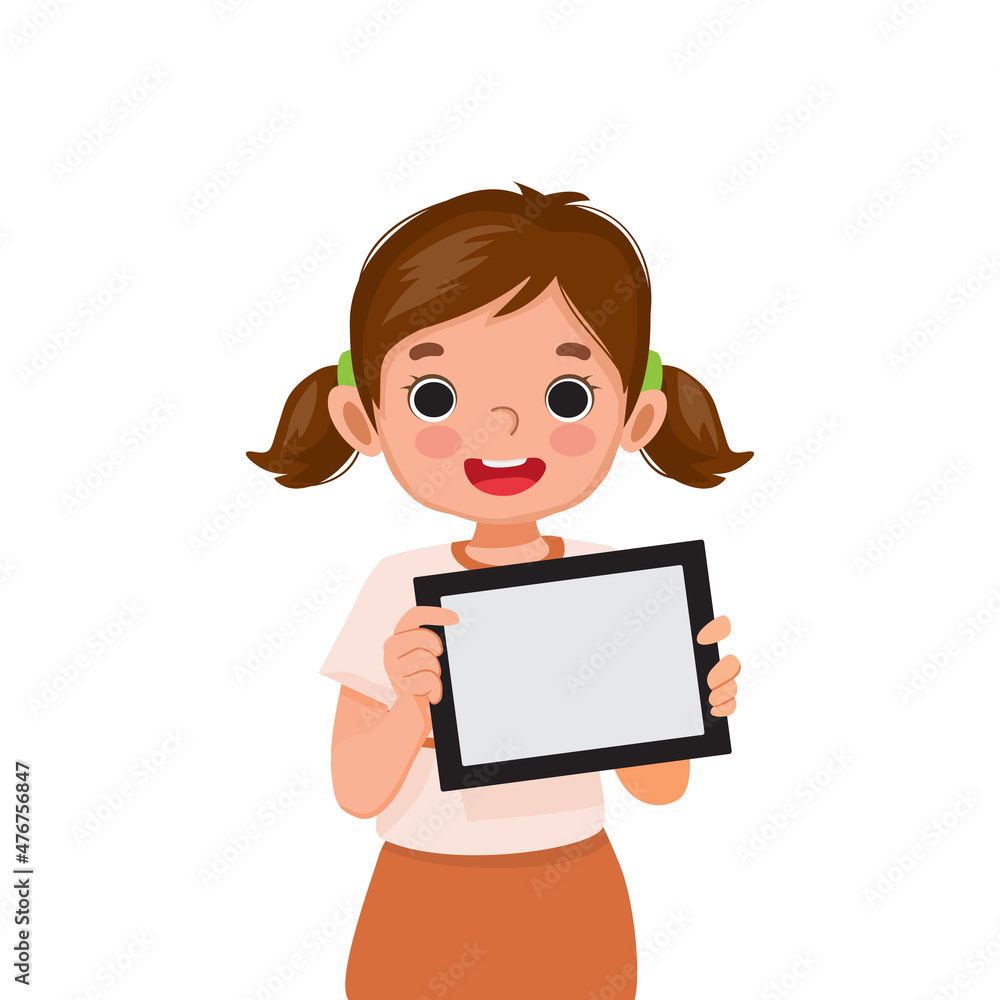 cute little girl holding digital tablet with empty screen or copy space for texts, messages and advertising content. Kids and electronic gadget devices concept for children cute little girl holding digital tablet with empty screen or copy space for texts, messages and advertising content. Kids and electronic gadget devices concept for children