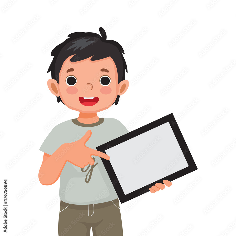 cute little boy holding digital tablet with finger pointing to empty screen or copy space for texts, messages and advertising content. Kids and electronic gadget devices concept for children. cute little boy holding digital tablet with finger pointing to empty screen or copy space for texts, messages and advertising content. Kids and electronic gadget devices concept for children.