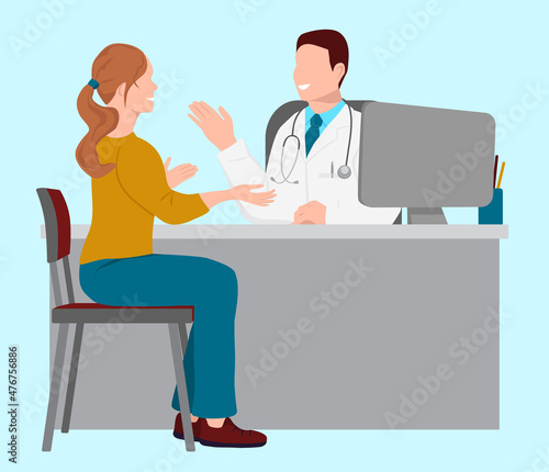 Male doctor is sitting at a table. Woman is sitting on a chair. Girl at a doctor's appointment. Doctor talking to patient. Flat vector cartoon illustration isolated on blue background.