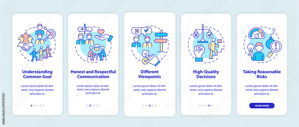 Teamwork tips onboarding mobile app screen. Successful company work walkthrough 5 steps graphic instructions pages with linear concepts. UI, UX, GUI template. Myriad Pro-Bold, Regular fonts used