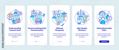 Teamwork tips onboarding mobile app screen. Successful company work walkthrough 5 steps graphic instructions pages with linear concepts. UI, UX, GUI template. Myriad Pro-Bold, Regular fonts used
