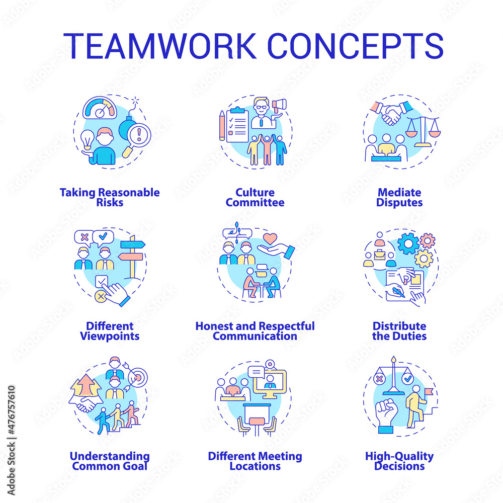 Teamwork concept icons set. Successful collaboration. Effective employees coworking idea thin line color illustrations. Isolated outline drawings. Roboto-Medium, Myriad Pro-Bold fonts used Teamwork concept icons set. Successful collaboration. Effective employees coworking idea thin line color illustrations. Isolated outline drawings. Roboto-Medium, Myriad Pro-Bold fonts used