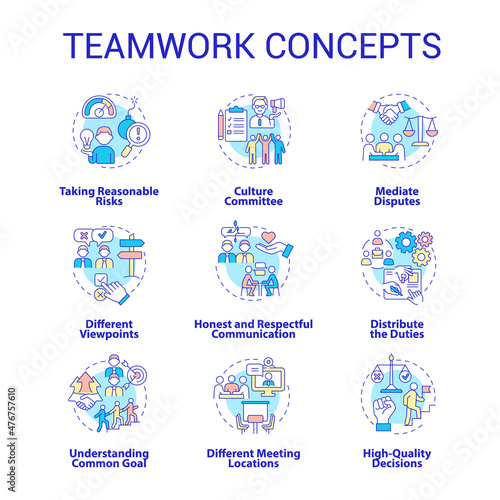 Teamwork concept icons set. Successful collaboration. Effective employees coworking idea thin line color illustrations. Isolated outline drawings. Roboto-Medium, Myriad Pro-Bold fonts used