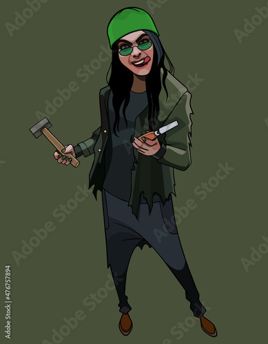cartoon girl fooling around with a hammer and chisel in her hands