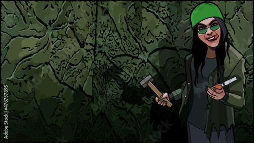 funny cartoon girl with tools in hands on stone wall background