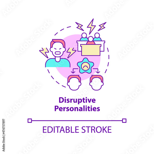 Disruptive personalities concept icon. Conflict between teammates. Teamwork abstract idea thin line illustration. Isolated outline drawing. Editable stroke. Roboto-Medium, Myriad Pro-Bold fonts used