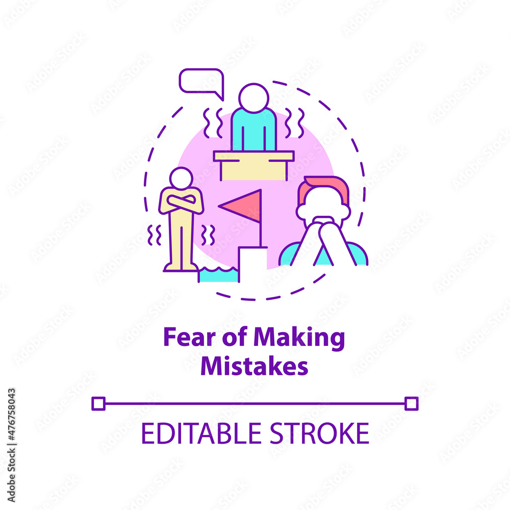 Fear of making mistakes concept icon. Feeling unsure to work abstract idea thin line illustration. Isolated outline drawing. Editable stroke. Roboto-Medium, Myriad Pro-Bold fonts used