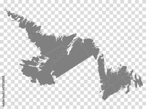 Newfoundland and Labrador map on transparent background. Province of Newfoundland and Labrador map with  municipalities in gray for your web site design, logo, app, UI. Canada. EPS10.