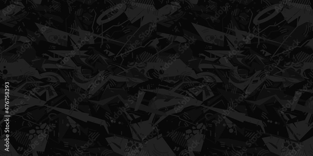 Dark Black Seamless Urban Cyberpunk Abstract Graffiti Style Pattern Vector Illustration Background Art - obrazy, fototapety, plakaty 