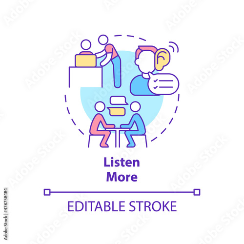 Listen more concept icon. Pay attention to team members. Communication abstract idea thin line illustration. Isolated outline drawing. Editable stroke. Roboto-Medium, Myriad Pro-Bold fonts used