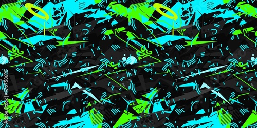 Seamless Urban Cyberpunk Abstract Graffiti Style Pattern Vector Illustration Background Art