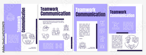 Teamwork communication purple brochure template. Team build. Booklet print design with linear icons. Vector layouts for presentation, annual reports, ads. Anton-Regular, Lato-Regular fonts used