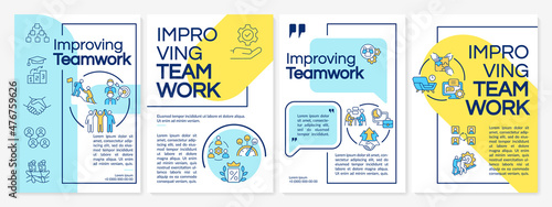 Improving teamwork blue and yellow brochure template. Booklet print design with linear icons. Vector layouts for presentation, annual reports, ads. Questrial-Regular, Lato-Regular fonts used