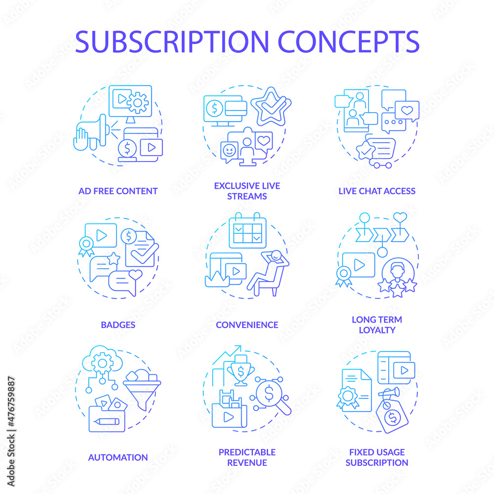 Subscription blue gradient concept icons set. Premium account. Business model idea thin line color illustrations. Isolated outline drawings. Roboto-Medium, Myriad Pro-Bold fonts used