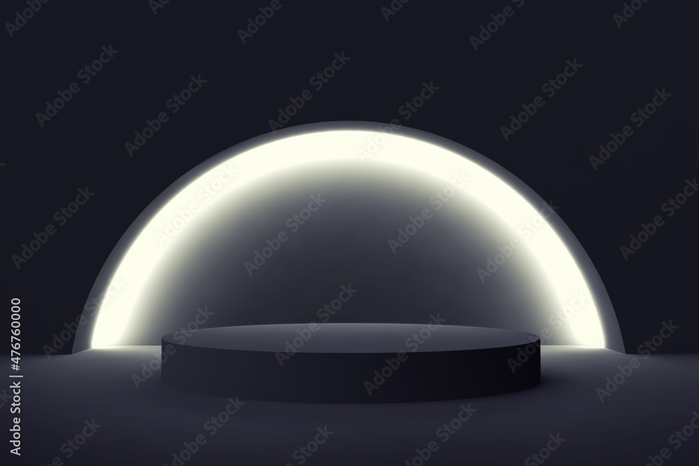Round dark pedestal or podium with light. Fashion minimal concept design. Abstract modern art illustration for presentation product. 3d render black display showcase. Trendy background template. Round dark pedestal or podium with light. Fashion minimal concept design. Abstract modern art illustration for presentation product. 3d render black display showcase. Trendy background template.