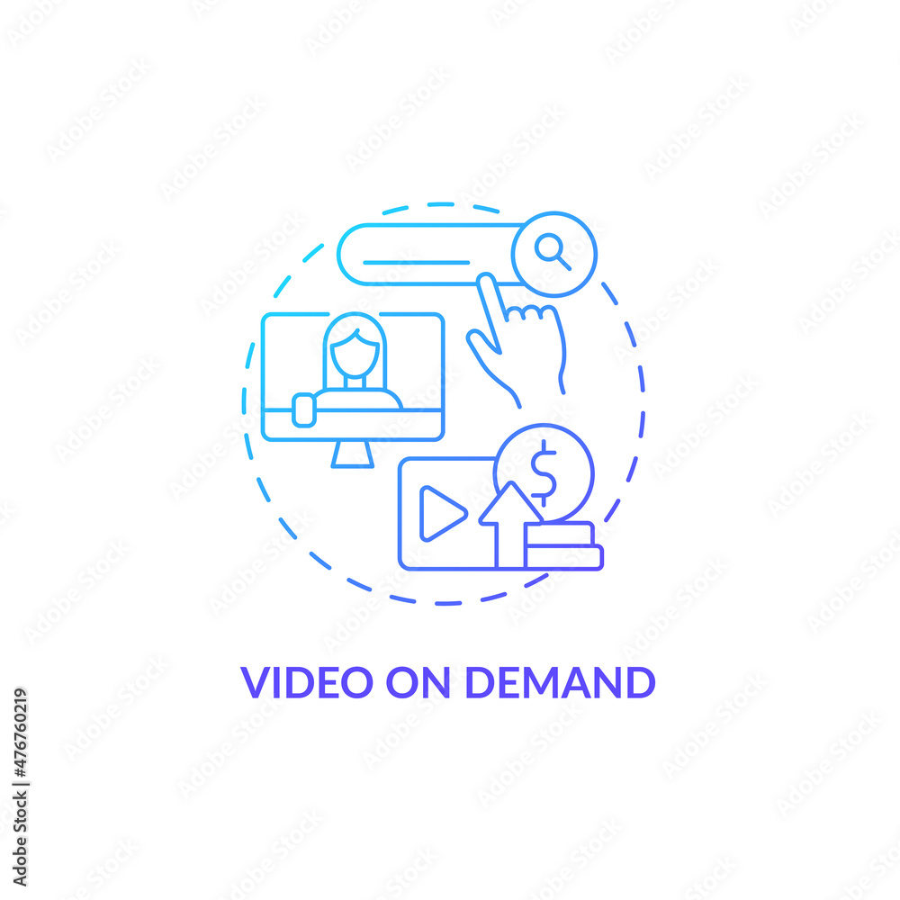 Video on demand blue gradient concept icon. Business model. Earn money from subscription abstract idea thin line illustration. Isolated outline drawing. Roboto-Medium, Myriad Pro-Bold fonts used Video on demand blue gradient concept icon. Business model. Earn money from subscription abstract idea thin line illustration. Isolated outline drawing. Roboto-Medium, Myriad Pro-Bold fonts used