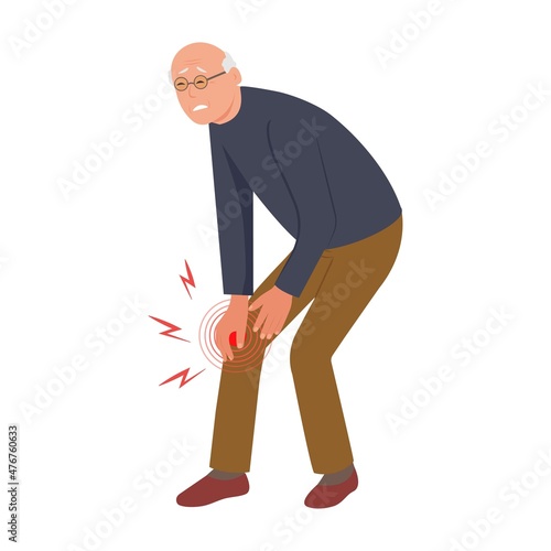 Elderly person with knee pain or injury. Leg injury. Аrthritis,osteoarthritis knee senior.Vector illustration in cartoon style