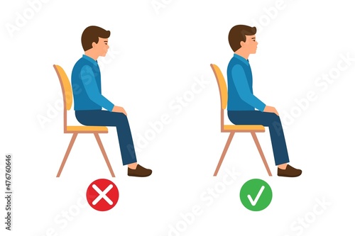 Correct sitting position. Medical infographics with a child's spine sitting wrong and  good on a chair. Vector illustration isolated