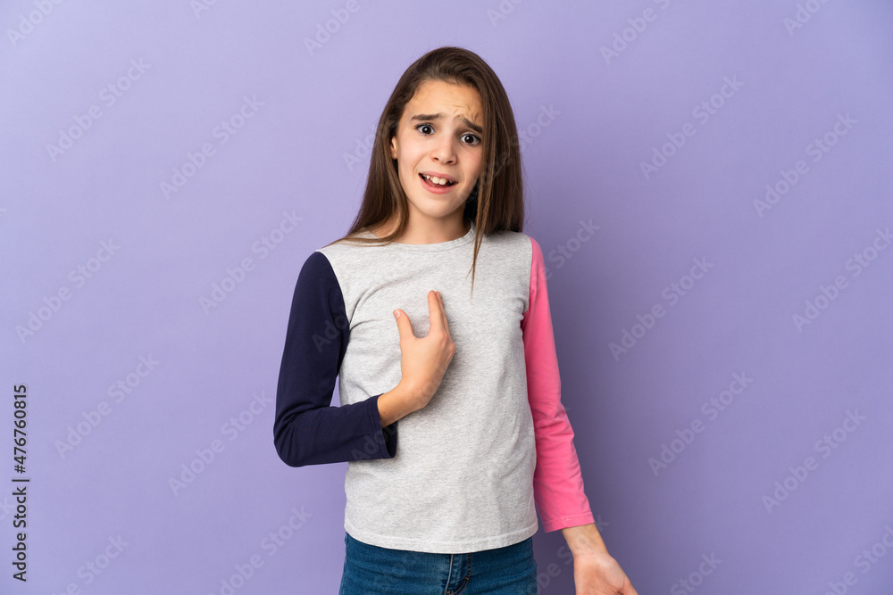Little girl isolated on purple background pointing to oneself Little girl isolated on purple background pointing to oneself