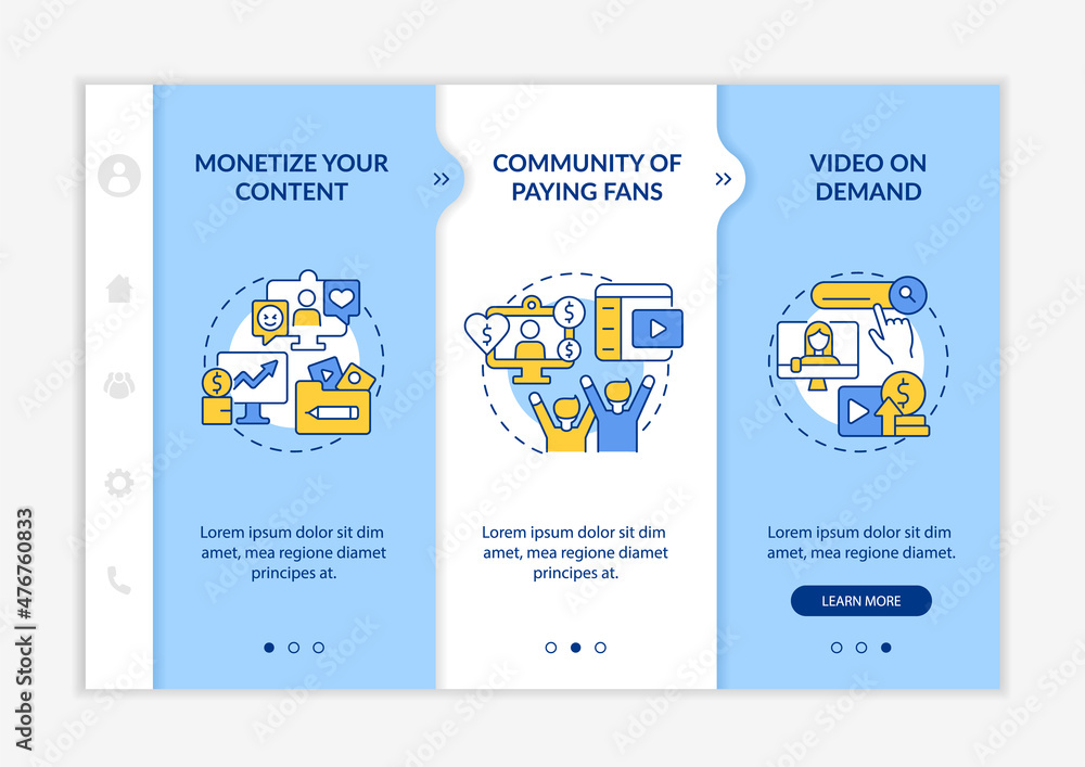 How to earn money from subscription blue and white onboarding template. Responsive mobile website with linear concept icons. Web page walkthrough 3 step screens. Lato-Bold, Regular fonts used