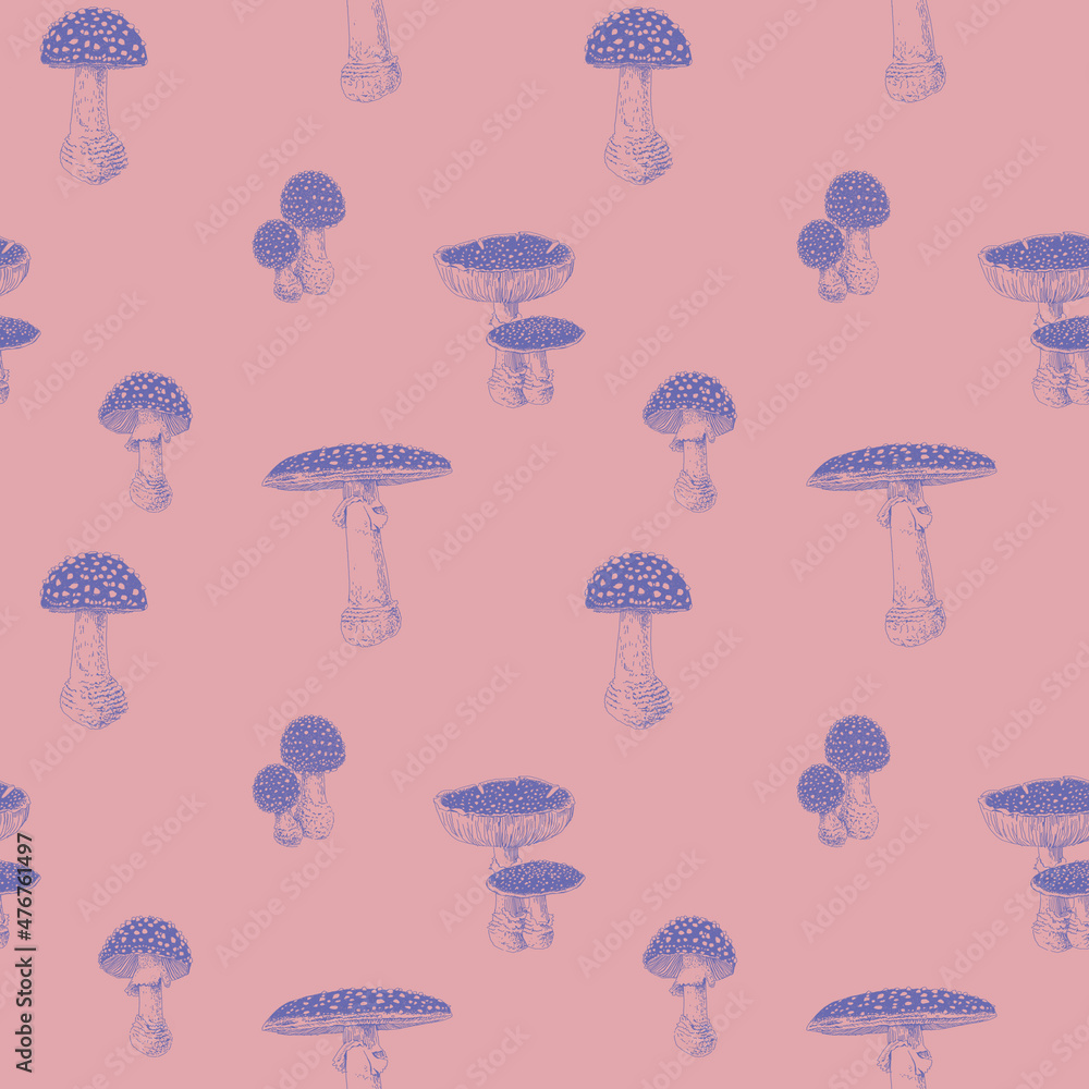 Mushrooms fly agaric hand drawn seamless pattern. Isolated Sketch drawing on a Fuchsia Pink background. For fabric, sketchbook, wallpaper, wrapping paper. Mushrooms fly agaric hand drawn seamless pattern. Isolated Sketch drawing on a Fuchsia Pink background. For fabric, sketchbook, wallpaper, wrapping paper.