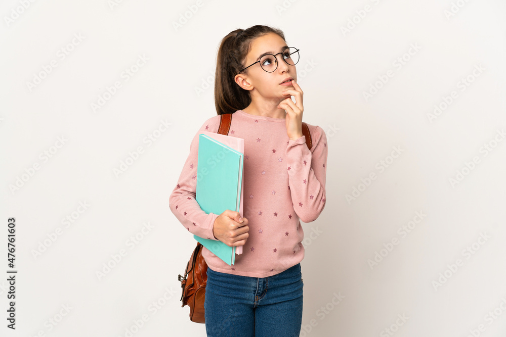 Little student girl over isolated background having doubts while looking up Little student girl over isolated background having doubts while looking up