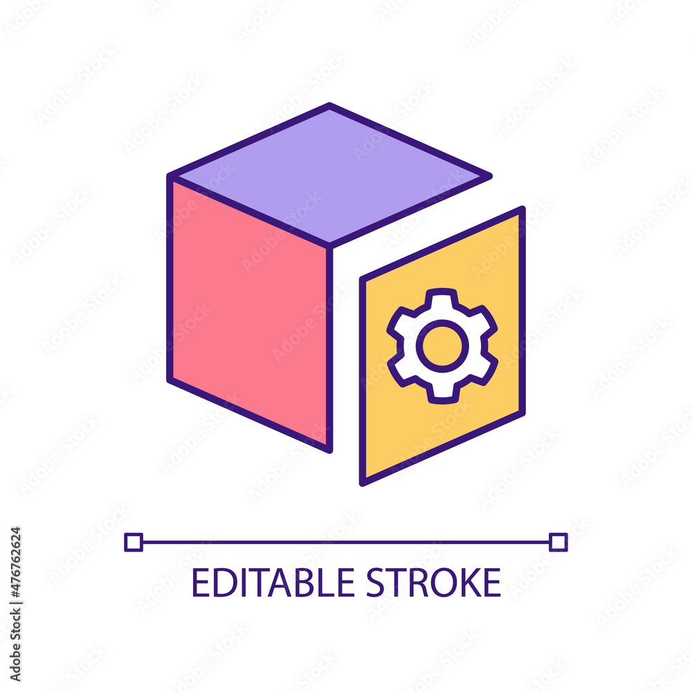 New components production RGB color icon. Smart assembly. Component manufacturing. Product development. Isolated vector illustration. Simple filled line drawing. Editable stroke. Arial font used