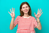 Young English woman isolated on blue background counting nine with fingers
