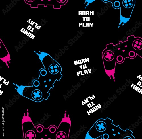 Vector Seamless pattern with joysticks Born To Play illustration and slogan text, for t-shirt prints and other uses.