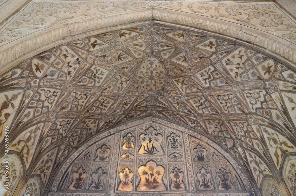 Beautiful decorated ceilings inside of Agra Fort