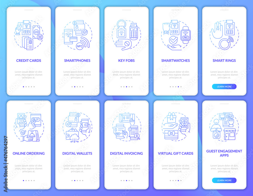 Contactless pay blue gradient onboarding mobile app screen set. Touchless walkthrough 5 steps graphic instructions pages with linear concepts. UI, UX, GUI template. Myriad Pro-Bold, Regular fonts used