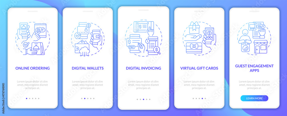 Contactless solution blue gradient onboarding mobile app screen. Service walkthrough 5 steps graphic instructions pages with linear concepts. UI, UX, GUI template. Myriad Pro-Bold, Regular fonts used