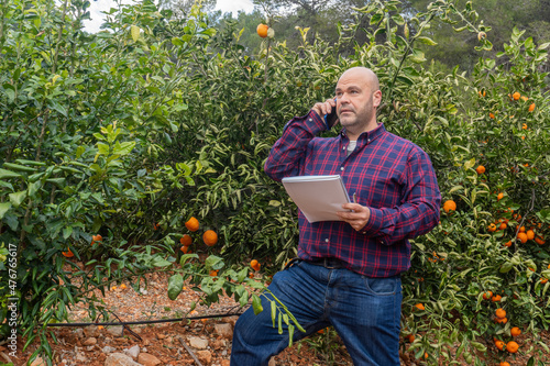 Caucasian man agronomist, checks the quality of oranges and crops in an orange tree field. © MiguelAngel