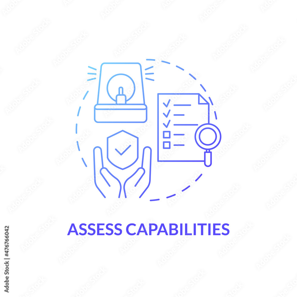 Assess capabilities blue gradient concept icon. Evaluating strategy for risk minimization abstract idea thin line illustration. Isolated outline drawing. Roboto-Medium, Myriad Pro-Bold fonts used Assess capabilities blue gradient concept icon. Evaluating strategy for risk minimization abstract idea thin line illustration. Isolated outline drawing. Roboto-Medium, Myriad Pro-Bold fonts used