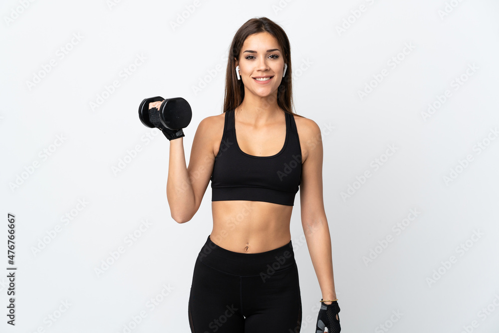 Young sport woman isolated on white background making weightlifting Young sport woman isolated on white background making weightlifting