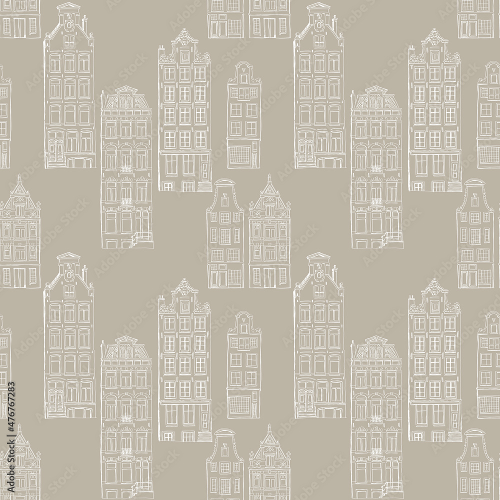 Seamless pattern of gingerbread houses in Amsterdam drawn in a graphic editor on a Plaza Taupe background. For poster, stickers, sketchbook cover, print, your design.