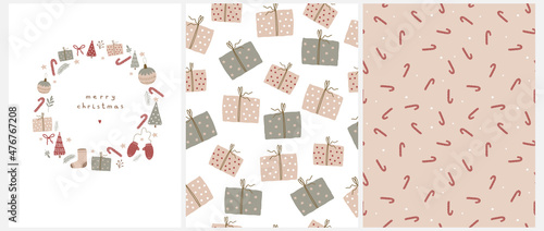 Winter Holidays Vector Card and Seamless Patterns. Infantile Style Print with Christmas Trees, Santa's Boots, Twigs, Wooly Gloves, Giftbox, Stars and Baubles on a White and Beige Background