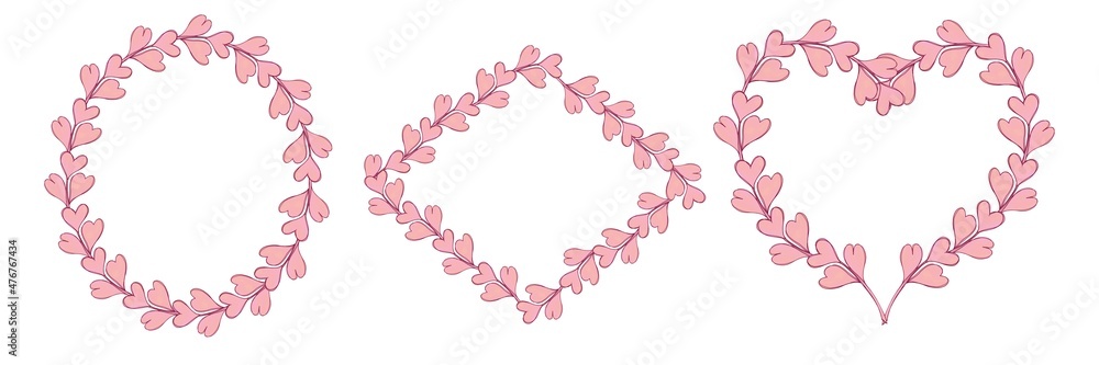 Oval frames, a diamond and a heart of pink hearts, isolated on a white background