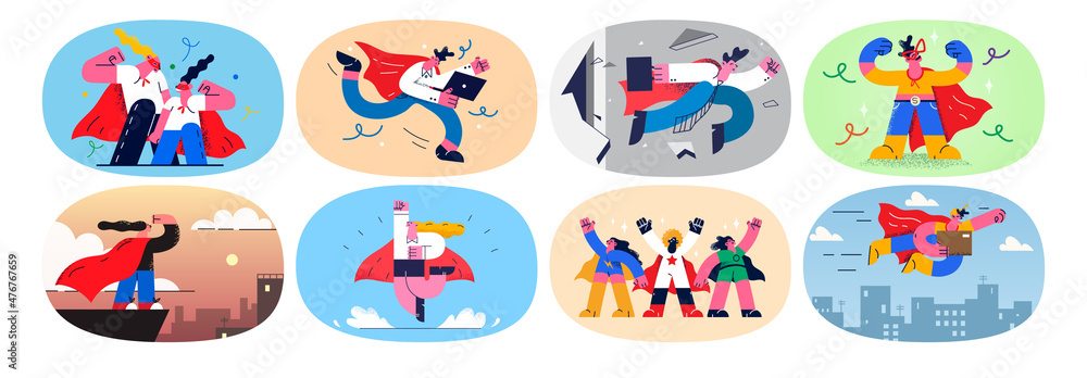 Set of businesspeople as superheroes strive for success
