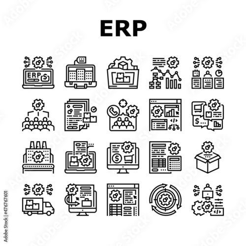 Erp Enterprise Resource Planning Icons Set Vector. Erp Manufacturing Processing And Production, Planning Strategy And Management Tasks, Development Software And App Black Contour Illustrations