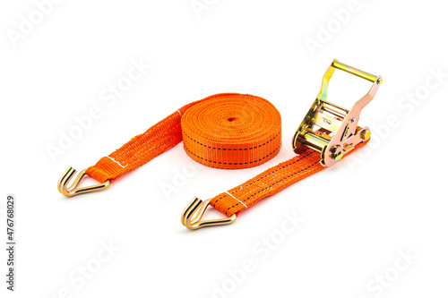 Принти на полотні Trailer strop or strap in orange nylon and metal tie isolated over white background