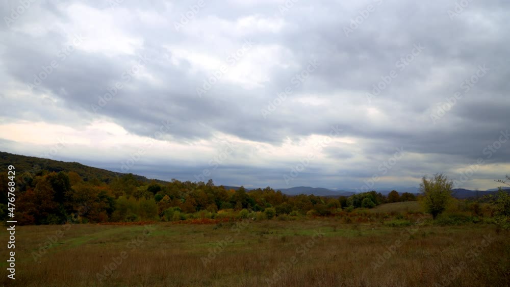 Beauty moving clouds over the meadow with free horses Beauty moving clouds over the meadow with free horses