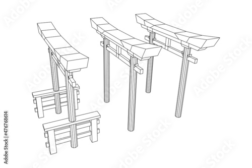 Torii sacred traditional gate. Symbol of Japan,shintoism religion. Japanese Tori arch ancient entrance. Wireframe low poly mesh vector illustration