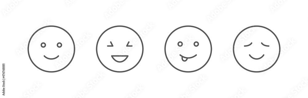 Emoticon line icons. Four vector simple smiling faces. Emoji symbols. Editable stroke. Emoticon line icons. Four vector simple smiling faces. Emoji symbols. Editable stroke.