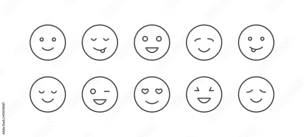 Vector simple icons of happy round face. Emoticons smiling faces. Emoji symbols. Editable stroke. Vector simple icons of happy round face. Emoticons smiling faces. Emoji symbols. Editable stroke.