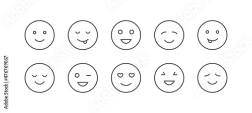 Vector simple icons of happy round face. Emoticons smiling faces. Emoji symbols. Editable stroke.