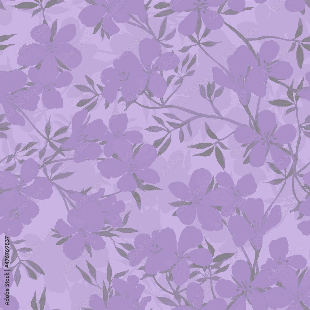 Hand painted botanical seamless pattern. Delicate floral ornament with blossom cherry branches and flowers of violet, purple, very peri colors. For textile, wallpaper and interior surface design. Hand painted botanical seamless pattern. Delicate floral ornament with blossom cherry branches and flowers of violet, purple, very peri colors. For textile, wallpaper and interior surface design.
