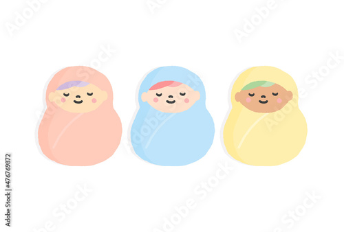 おくるみに包まれてすやすや眠る3人の赤ちゃん - 多様性イメージ素材 - ピンク・水色・黄色（影付き） photo