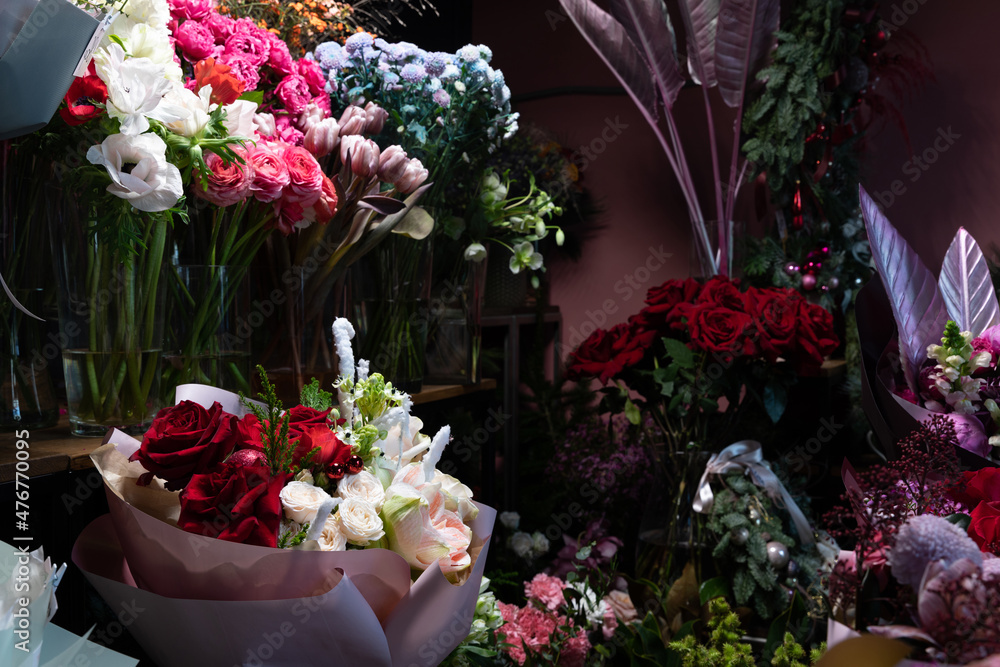 floristic compositions freshly cut flowers on a shelf in a shop selling bouquets